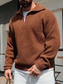 DAZY Men's Solid Brown Half-Zip Stand Collar Sweater, Autumn/Winter - Brown - View 4