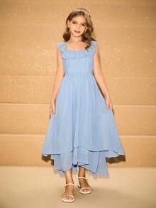 女童甜美飘逸方领荷叶边下摆长裙，适合花童、婚礼、舞会、生日派对、返校、毕业典礼、圣诞节、万圣节 - 藍色 - 查看 5