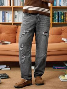 STEELVANCE Quần ống rộng denim đen giặt sờn rách cho nam có vết gỉ sét, phong cách đường phố thường ngày - màu đen - Xem 1