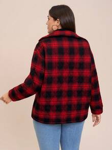 SHEIN LUNE 秋冬大码女式绗缝纽扣红格子棉服外套 - 彩色 - 查看 5