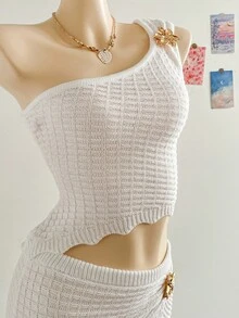 Soleia Women's Minimalist Metal Flower Knitted 2 Pieces Set, Vacation In Fall/Winter - White - View 6