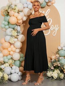 Loomaby Gaun Hamil Elegan, Minimalis Warna Polos dengan Detail Kerut dan Bahu Terbuka, Musim Panas - Hitam - View 4
