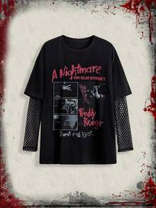 A Nightmare on Elm Street X ROMWE 字母和数字图案撞色网眼女式韩流长袖T恤 - 黑色 - 查看 1