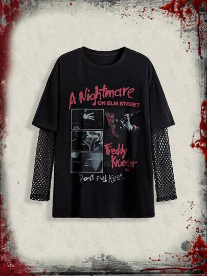 A Nightmare on Elm Street X ROMWE Áo thun tay dài họa tiết chữ và hình lưới tương phản phong cách Kpop dành cho nữ