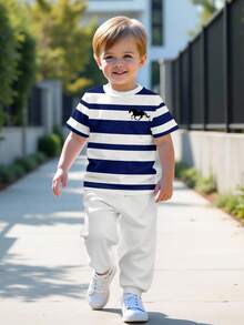 SHEIN 2件套男童休闲条纹圆领短袖上衣和裤子套装 - 彩色 - 查看 1