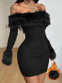 Coolane Women's Fall/Winter Streetwear Date Night Club Outfits Festival Y2K Fur Collar Decoration Off The Shoulder Long Sleeve Mini Hip Wrap Dress Black - Black - View 1
