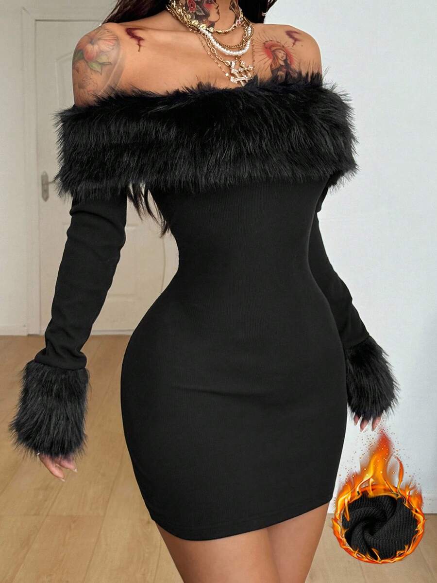 Coolane Women's Fall/Winter Streetwear Date Night Club Outfits Festival Y2K Fur Collar Decoration Off The Shoulder Long Sleeve Mini Hip Wrap Dress Black - Black - View 1
