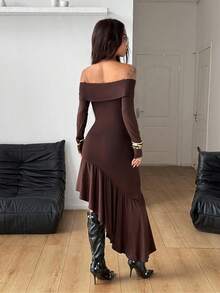 Coolane 女士秋冬Y2K复古日常休闲弹力棕色抹胸露肩长裙 - 棕色 - 查看 5