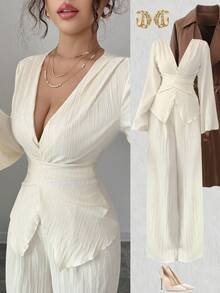 Elenzga 新款春秋纹理奶油黄色女装，法式交叉系带腰部修身 V 领喇叭袖蝴蝶结后背衬衫 + 高腰宽松阔腿裤 2 件套，经典百搭，适合日常、通勤、度假、约会、派对 - 杏色 - 查看 1