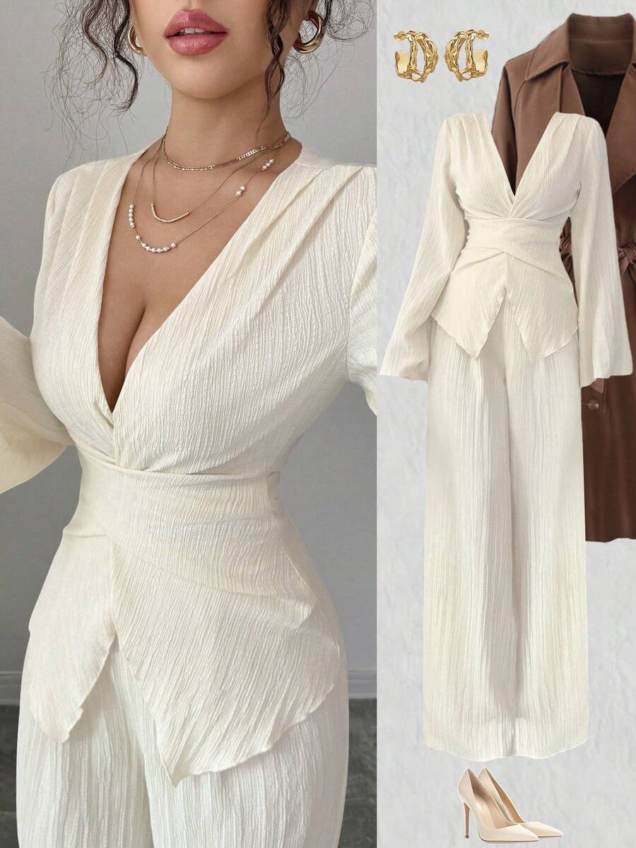 Elenzga 新款春秋纹理奶油黄色女装，法式交叉系带腰部修身 V 领喇叭袖蝴蝶结后背衬衫 + 高腰宽松阔腿裤 2 件套，经典百搭，适合日常、通勤、度假、约会、派对 - 杏色 - 查看 1