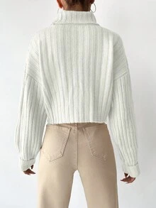 EURMUSE Turtleneck Drop Shoulder Ribbed Knit Jumper - Beige - View 2