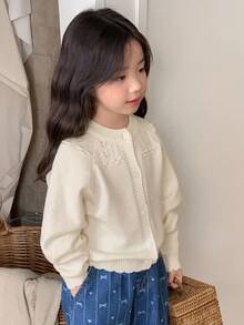 Dazy Kids Young Girl Solid Color Front Button Hollow Casual Long Sleeve Cardigan - Beige - View 4