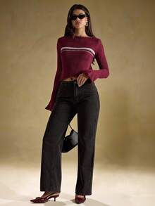 SHEIN BAE 女式简约常规喇叭袖圆领毛衣上衣 - 酒紅色 - 查看 9