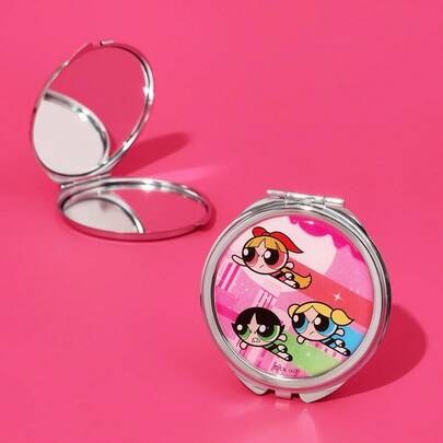 FanGlow THE POWERPUFF GIRLS X SHEIN Gương trang điểm Pink Starry Dreams – Hộp quà lưu niệm dễ thương với thiết kế thành phố và các vì sao, gương trang điểm di động nhẹ.