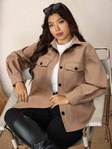 SHEIN LUNE Plus Size Casual Overcoat, Suitable For Autumn/Winter - Khaki - View 5