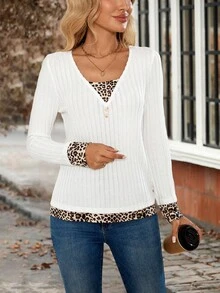 SHEIN LUNE Women's Leopard Print Patchwork Button Design Long Sleeve Casual Ribbed T-Shirt - White - View 4