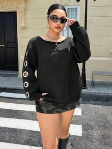 Muchica 2025 秋冬新款休闲户外、派对、约会、节日多场合大码圆领长袖镂空圆圈细节黑色大码运动衫 - 黑色 - 查看 3