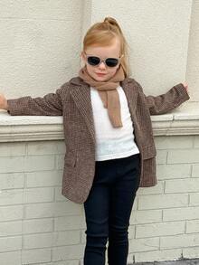 Playful Pals 女童羊毛混纺呢子大衣，高端英伦风缺口领口复古格纹，时尚优雅，适合秋冬日常穿着和朋友聚会