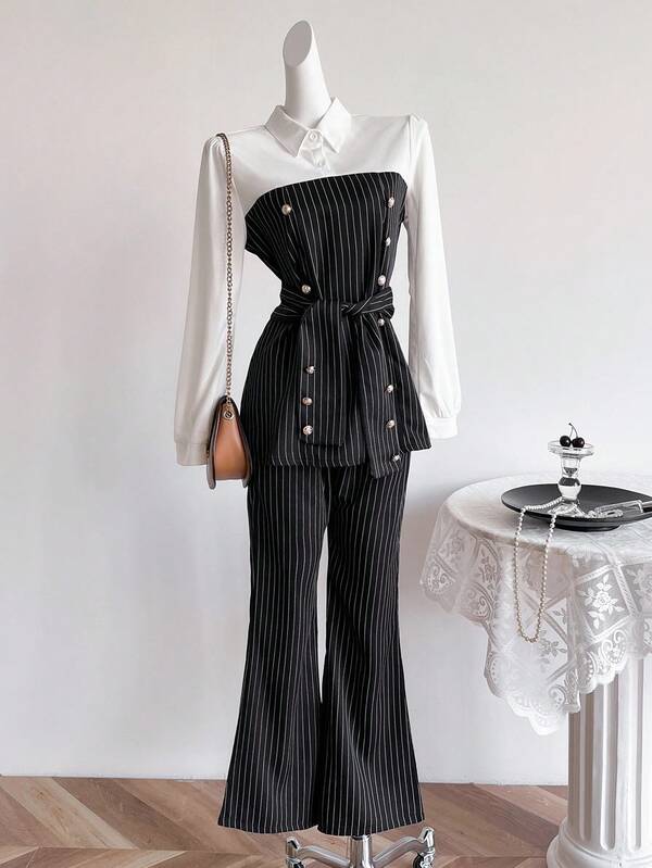 Sweetra Young Set de 2 piezas para adolescentes: Blusa con cuello y botones metálicos a rayas con cintura ceñida y pantalones acampanados a rayas, conjunto vintage para ir al trabajo
