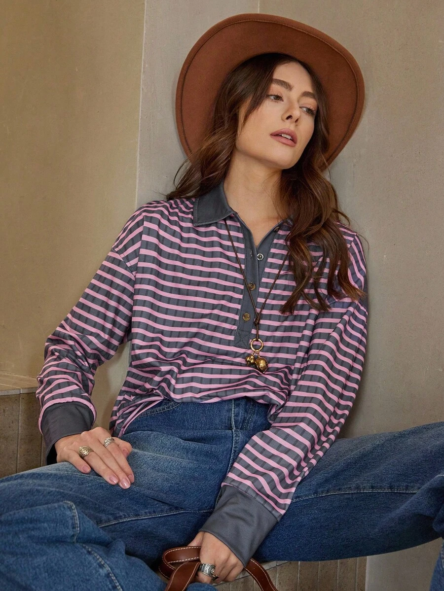 Wildy Áo thun tay dài cổ polo kẻ sọc phong cách miền Tây nước Mỹ, thích hợp cho thời trang đường phố, sân bay, trở lại trường học - Nhiều màu - Xem 1