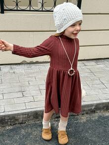 SHEIN Playful Pals Young Girl' Casual Versatile Ribbed Fabric High Neck Elastic Waist Flared Long Sleeve Dress, Autumn/Winter Fall - Brown - View 9