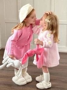 SHEIN Playful Pals 1 件女婴蓬松花朵可爱连衣裙，圆领长袖宽松加厚连衣裙裙，3D 花朵设计，休闲时尚韩版百搭，适合日常外出或冬季旅行，新品 - 粉色 - 查看 6