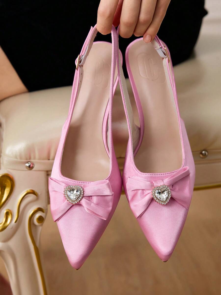 CUCCOO HITCHD 女士优雅粉色缎面蝴蝶结装饰高跟鞋，适合新年、情人节、新娘、婚礼、派对、度假 - 玫紅色 - 查看 1