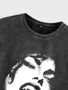 Manfinity ZONE917 T-shirt à manches courtes, col tombant, style vintage délavé blanc, motif graphique noir sexy de vampire d'Halloween, style de rue oversize pour hommes. Convient aux rappeurs et aux sorties. - Noir - Voir 2