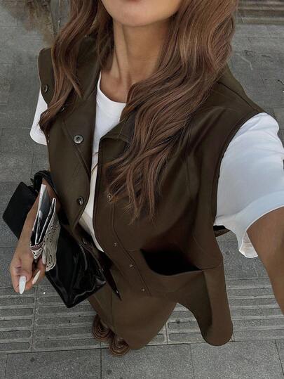 DAZY 女士秋季翻领无袖上衣和宽松半裙两件套 Y2k