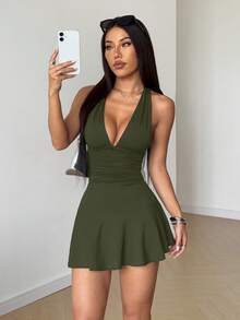 SHEIN Unity 黑色露背迷你连衣裙，性感休闲，适合夏季度假 - 軍綠色 - 查看 3