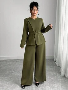 Elenzga Plus Size Women's Elegant French Romantic Office Commute Casual Vintage Middle Eastern Style Crew Neck Crossover Waist Metal Buckle Decor Long Sleeve Shirt + Loose Wide Leg Pants/Trousers Two Pieces Set, Suitable For Office, Street, Afternoon Tea, Party, Thanksgiving Blouse And Pants Set Modest Two Piece Set 2 Piece Casual Sets Woman Two Piece Set Women Elegant Olive Green Outfit Women - Army Green - View 4