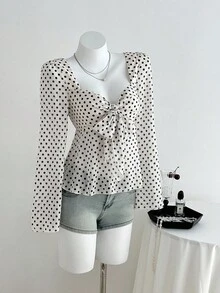 SHEIN Unity 1pc Women's Apricot V-Neck Tie Front Polka Dot Flare Sleeve Casual/Work Blouse - Apricot - View 7