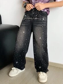 青少年男孩时尚休闲 Y2K 复古酷炫街头返校季学院风闪亮字母水钻设计基础款简约舒适黑色宽松牛仔裤，适合日常穿着、秋冬季节以及锐舞音乐节和街头潮流。 - 黑色 - 查看 6