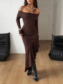 Coolane 女士秋冬Y2K复古日常休闲弹力棕色抹胸露肩长裙 - 棕色 - 查看 3