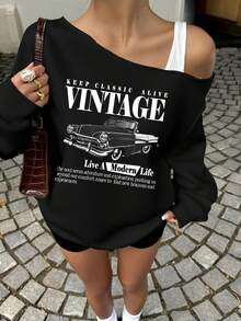 SHEIN EZwear 休闲简约街头风格复古汽车印花拼色不对称领女式卫衣，适合秋冬季 - 黑色 - 查看 5