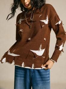 SoleilVie Suéter de 2 en 1 con contraste de color y efecto desgastado, otoño/invierno - Marrón - Ver 1