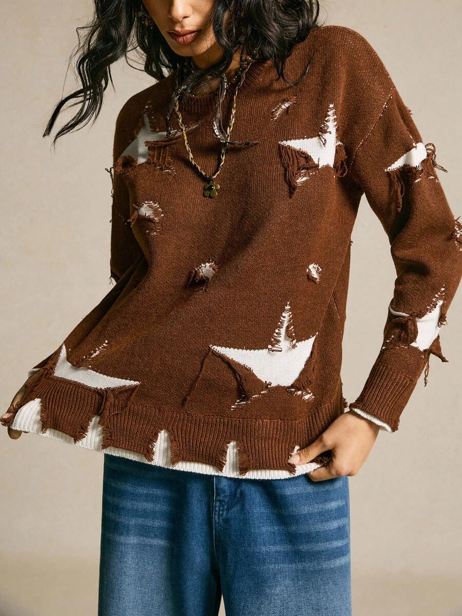 SoleilVie Suéter de 2 en 1 con contraste de color y efecto desgastado, otoño/invierno - Marrón - Ver 1