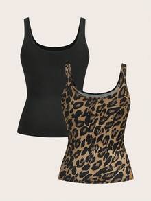 SHEIN Essnce Conjunto de top de tirantes ajustado con cintura fruncida y estampado de leopardo negro casual para mujer, versátil para uso diario - Multicolor - Ver 3