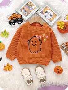 SHEIN Vintaside Kids Baby Girls' Cute Halloween Burnt Orange Sweater With Ghost & Floral Pattern,Autumn Knitted Long Sleeve Pullover,Matching Family Soft Casual Pullover - Coral Orange - View 4