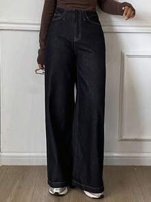DAZY 女式标准腰部宽松喇叭腿牛仔裤，休闲都市风格 - 深色水洗藍 - 查看 2