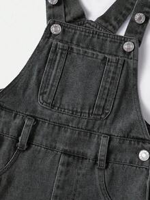 SHEIN Young Girl' Personalized Versatile Washed Soft Casual Fashion Street Non-Stretch Denim Bib Pants, Lightweight For Spring & Autumn Fall Winter - Black - View 5
