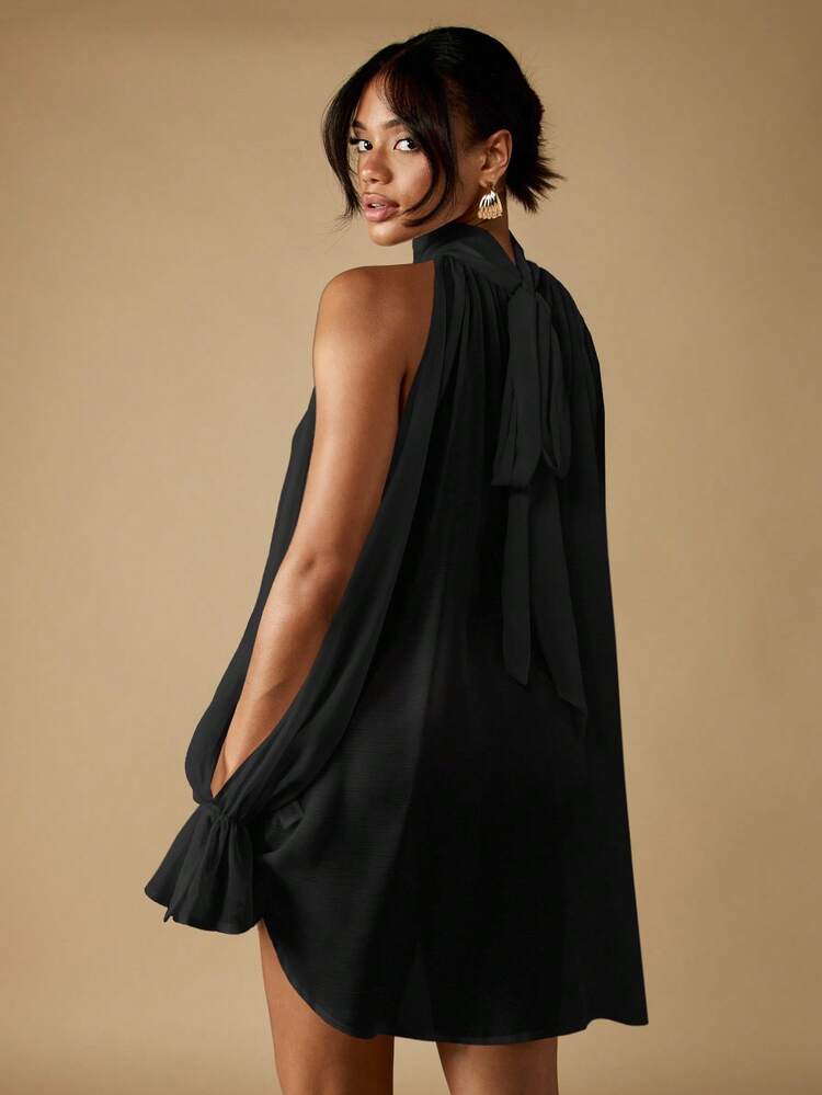 MISSGUIDED Elegant Mock Neck Sleeveless Blouse With Bow Back Detail Long Bubble Sleeves Draped Flowing Design Evening Party Holiday Top