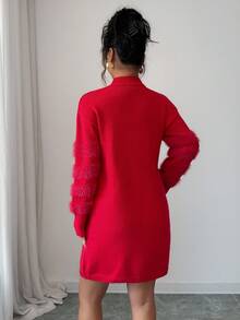 Selianne Vestido de suéter de manga larga con cuello redondo elegante para mujer, con decoración de piel de visón, lentejuelas y lazo, versátil para Navidad, Año Nuevo, otoño/invierno - Rojo - Ver 2
