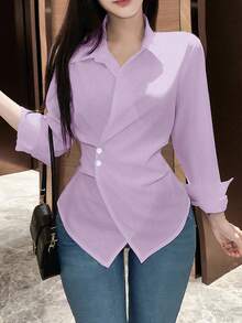SHEIN LUNE 女士纯色不对称下摆交叉裹身优雅长袖女式衬衫 - 紫丁香色 - 查看 3