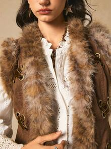 Easelle Veste sans manches vintage avec col en fourrure, laçage à œillets, style nomade. Gilet en fourrure pour femmes, vêtements western, Top en fourrure, hauts western pour l'automne/l'hiver - Tabac - Voir 4