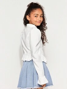 Radiana Tween Mädchen Lockere, lässige, minimalistische, bequeme Bluse mit Laternenärmeln, Rüschen und Puffärmeln, weiße Langarmbluse