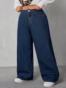 SHEIN ICON Jeans de talle alto y pierna recta de talla grande - Neblina azul - Ver 3
