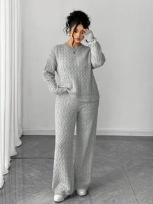 Elenzga Women's Simple Stylish Long Sleeve Button Long Pants Sweater Set, Plus Size Outfits For Autumn/Winter