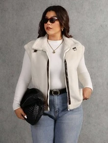 Elaquor Plus Size Women Casual Minimalist All-Match Versatile Urban Relaxed Faux Suede Sherpa Colorblock Jacket, Autumn/Winter Plus Size Jackets Plus Size Vest Plus Size Winter Clothes Plus Size Fall Clothing Zip Up Vest - Apricot - View 1