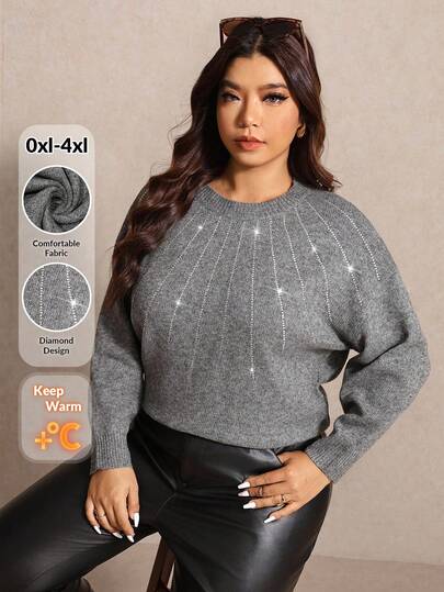 Elaquor Suéter holgado de manga larga con cuello redondo, hombros caídos y adornos de strass grises para mujer de talla grande, otoño